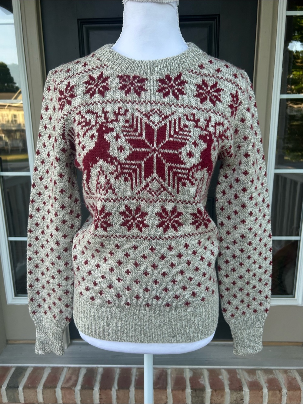 Vintage 70s knit crewneck sweater Fairisle reindeer snowflake Cabincore XXS XS